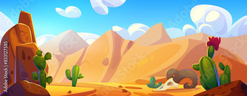 Arizona desert landscape with cactus background. Western mexico or Texas scene with road in summer. Rock and sand mountain nature panorama with cacti plant and skull in Afica dry wilderness land