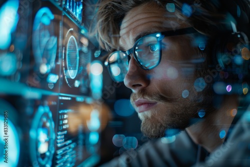 A magazine cover photostock image of a programmer engrossed in coding, with a serious demeanor and a high-tech environment, showcasing the essence of programming