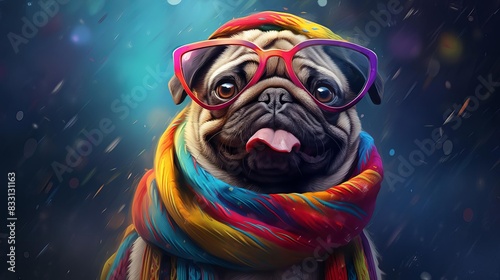 A cute pug wearing a colorful scarf,