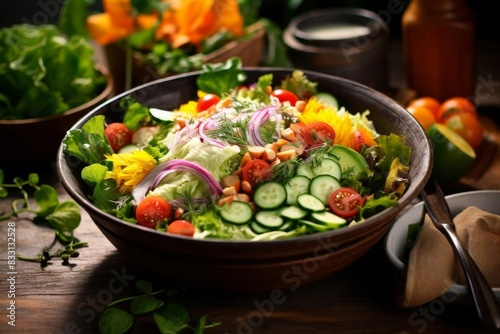 A salad bowl with fresh greens and colorful vegetables,