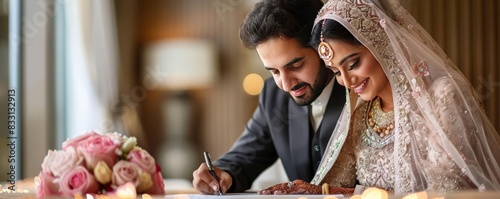 Islamic wedding with the couple signing their nikah contract