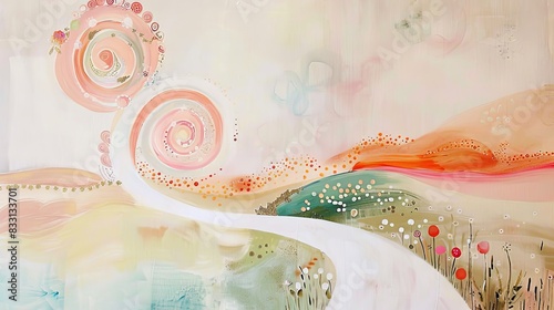 A surrealistic painting of an abstract landscape with swirling patterns and vibrant colors