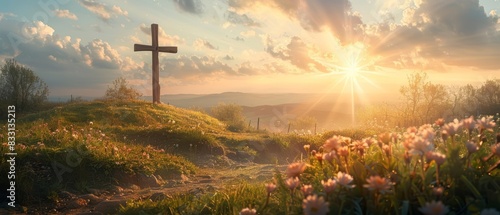 Spiritual Easter greeting, cross on Golgotha, light rays, serene landscape, divine inspiration, religious card