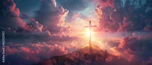 Easter card with cross, light through clouds, serene landscape, spiritual greeting, divine inspiration, religious