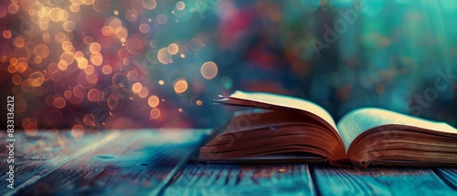 Open book with colorful bokeh lights in the background on wood table, magical and ethereal scene representing imagination and fantasy.