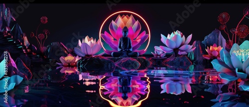 a zen meditation retreat with colorful neon abstract Japanese zen motifs against a serene black background, symbols and tranquil nature scenes, experience inner peace and mindfulness