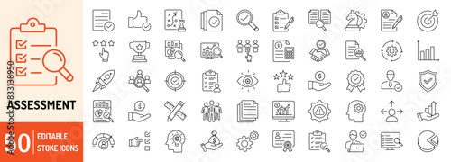 Assessment editable stroke outline web icons set. Audit, analysis, plan, evaluation, quality process, result and goal. Vector illustration