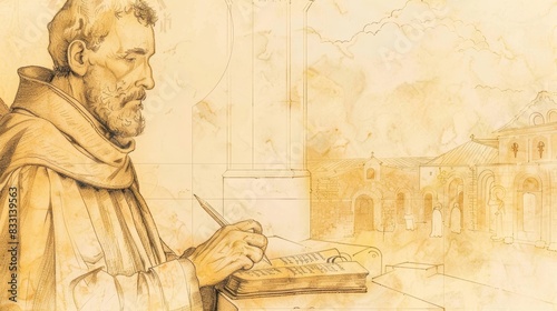 St. Bede the Venerable Writing in 8th-Century English Monastery, Biblical Illustration, Beige Background, Copyspace