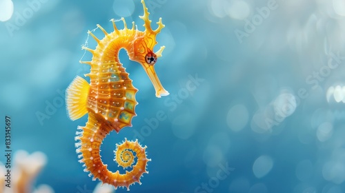 A vibrant seahorse with detailed patterns floats serenely in a blue aquatic environment, showcasing its unique spiral tail and horse-like head