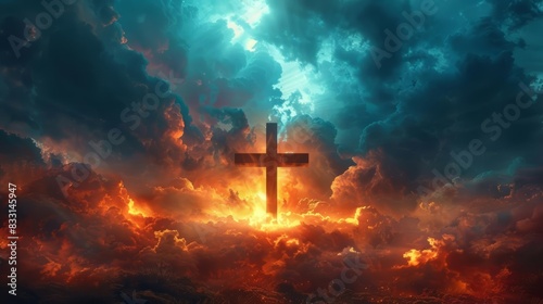 Golgotha cross, Easter greeting card, rays of light, serene clouds, divine landscape, religious inspiration, spiritual