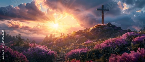 Spiritual Easter greeting, cross on Golgotha, light rays, serene landscape, divine inspiration, religious card