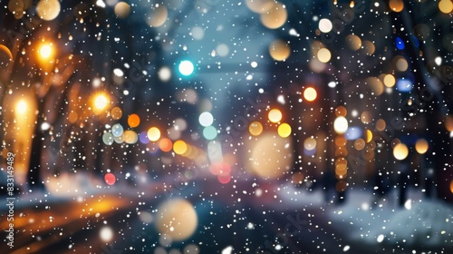 Blurred background of city street with falling snow at night, beautiful winter landscape. Abstract blurred background