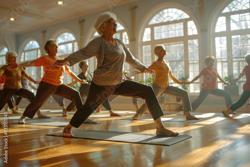 Group of seniors in a fitness class, doing stretching exercises