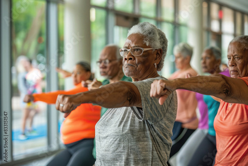 Group of seniors in a fitness class, doing stretching exercises