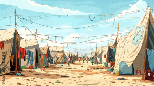 Cartoon Vector A crowded refugee camp, showing makeshift shelters, clotheslines, and people going about their daily lives in difficult conditions. Generative AI
