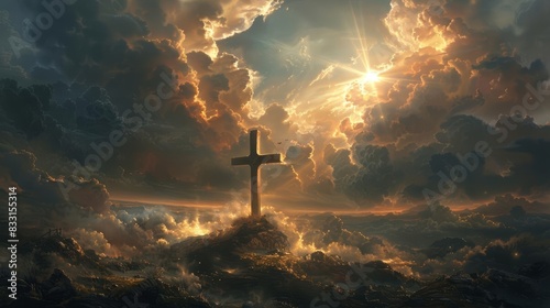 Cross on Golgotha Easter card, rays of light, spiritual greeting, serene clouds, divine landscape, religious inspiration