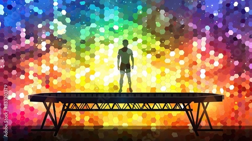 A man stands on a trampoline in front of a colorful background