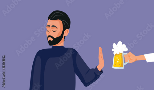 Man Refusing a Beer Pint Choosing Sobriety Vector Cartoon. Nondrinker person decline an offer for alcoholic drink at a party 
