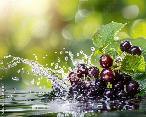 Photo of a fresh blackcurrant with water splash