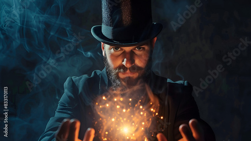 Consummate mastery of magician Male touches magical light swirl, Generative AI