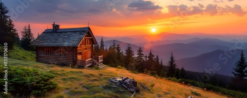 Sunset Glow Over a Remote Mountain Cabin in a Serene Natural Setting Inviting Warmth and Tranquility in the Wilderness