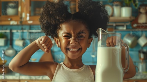 Milk, portrait and African girl with muscle from healthy drink for energy, growth and nutrition in the kitchen. Happy, smile and child flexing muscles from calcium in a glass and care for health.