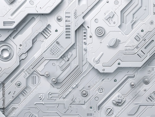A detailed vector illustration of a grey-white abstract technology background, featuring intricate patterns and textures that evoke a sense of high-tech digital connectivity and communication. This