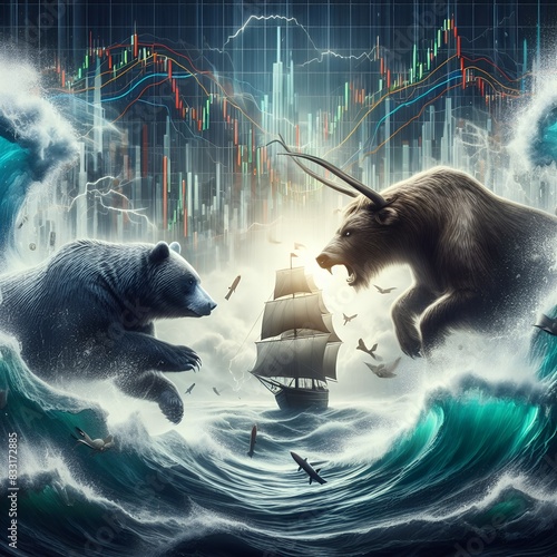 bull and bear fighting in stock market charts at sea