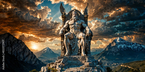 The majestic Statue of Zeus sits enthroned atop the craggy peak of Mount Olympus, Generative AI 