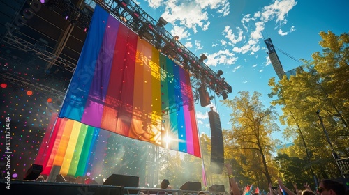 A rainbow flag is hanging from a stage, with a crowd of people watching