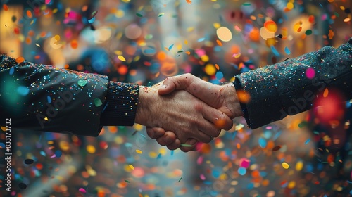 business handshake between two individuals, their hands grasping firmly amidst a shower of vibrant sparks