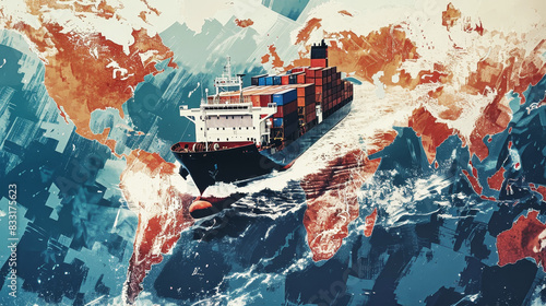 A massive container ship sails across a vibrant world map, symbolizing global trade and international shipping routes