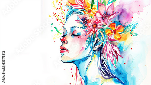 Portrait of a Woman with Floral Headdress. Spring color season illustration.