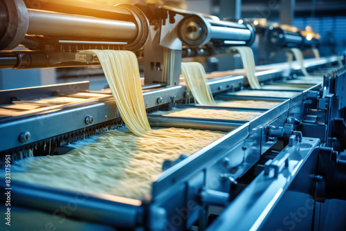A mesmerizing line of pasta being processed in a bustling factory, with machines whirring and workers bustling about