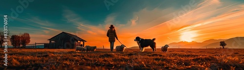 A shepherd with his dog and sheep on a picturesque farm at sunset, with a beautiful sky and mountains in the background.