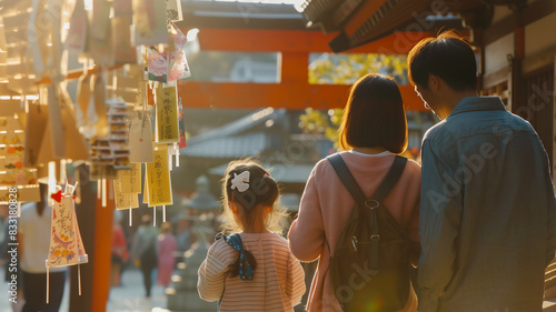 成功を祈って神社を訪れる日本の親子