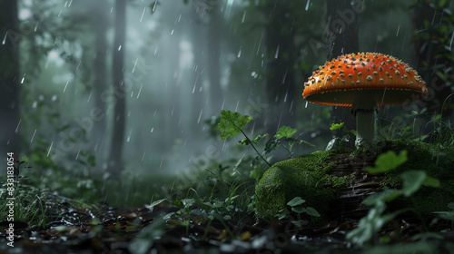 A vibrant red mushroom with white spots perched on a stack of fallen leaves in a forest setting.