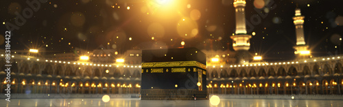 The Kaaba Bathed in the Golden Light of Twilight with Praying Pilgrims in background concept of hajj and eid ul adha 