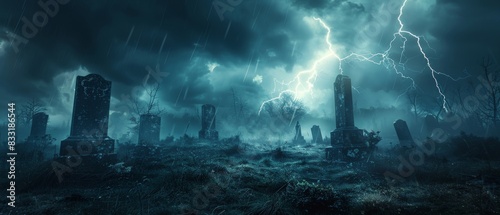 Foggy graveyard with dark clouds, lightning, and thunder, ominous tombstones, horror movie atmosphere