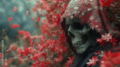 A stark skeleton serves as a poignant symbol of death amidst delicate sea of pink blossom flowers
