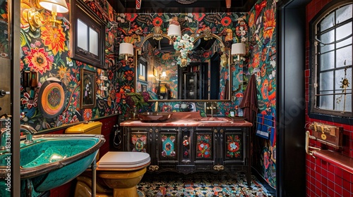 An eclectic bathroom design with bold wallpaper, a vintage vanity, and a mix of colorful tiles. The space includes unique decor pieces, like an antique mirror and quirky light fixtures, creating a