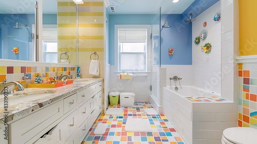 A family-friendly bathroom featuring a double sink vanity, ample storage cabinets, and colorful, easy-to-clean tiles. The design includes a large, built-in bathtub and a separate shower with