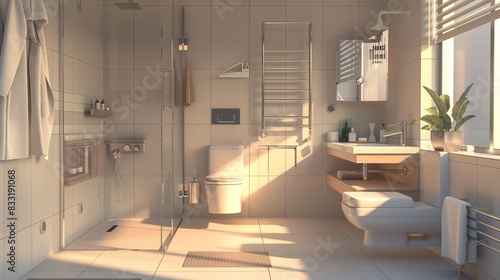 An accessible bathroom design with grab bars, a walk-in shower with a fold-down seat, and a raised toilet. The vanity features a lower counter height, and all fixtures are designed for easy reach and