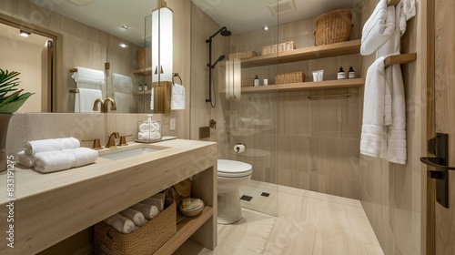 A guest bathroom with a focus on comfort and convenience, featuring a spacious shower, a well-lit vanity area, and ample storage for guest toiletries. The decor is neutral and inviting, with