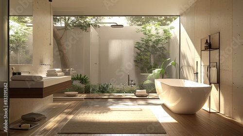 A bathroom with a wet room design, featuring an open shower area with a linear drain and a freestanding bathtub. The space is fully waterproofed, making it easy to clean and maintain, with sleek,