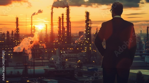 A businessman stands overlooking a large industrial complex at sunset, contemplating the future of industry.