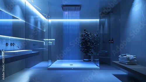 A sleek, high-tech bathroom with a fully automated shower system that includes preset preferences for different users, chromotherapy lighting, and built-in Bluetooth speakers. The room is adorned
