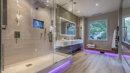 A cutting-edge bathroom with a floor-to-ceiling glass shower enclosure featuring a built-in touchscreen for music and lighting control. The space includes a floating vanity with integrated smart