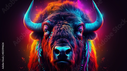 Neon bison painting with abstract animal design, vibrant colors