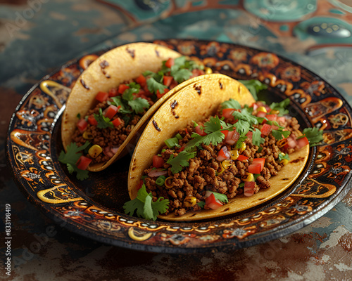 This photo features two delicious tacos wypełnione (filled in Polish) with ground beef, juicy tomatoes, and fresh cilantro. The tacos are served on a plain white plate. 